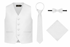 Boy's 4-Piece Solid Formal Suit Vest Set, Zipper Tie, Clip-On Bow Tie Pocke...