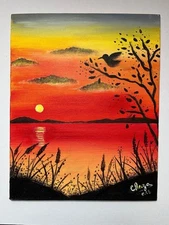 Original Sunset Acrylic Landscape Art On Canvas Panel, 8 By 10 Inches