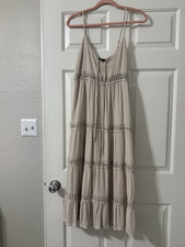 Beige Solid V-Neck Sleeveless Tiered A-Line Midi Dress Adjustable Straps L
