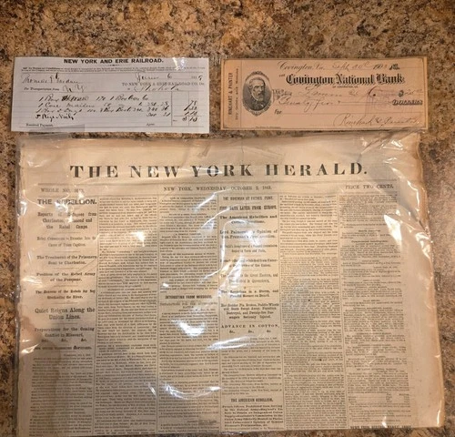 Civil War Era Newspaper, Check And Receipt