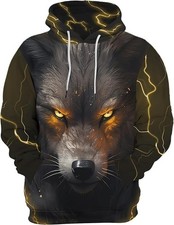 3D Wolf Hoodie Golden Eyes Lightning Print Pullover Sweatshirt Unisex