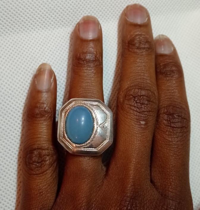 Bague chevalière argent 925 anti-ternissement calcédoine bleue touareg confortable taille 58