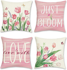 Spring Floral Throw Pillow Covers 18 X 18 Inch Pink Tulips Butterflies Polyester