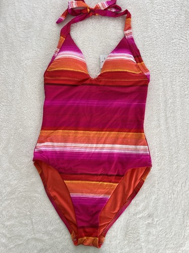 TRINA TURK Womens Orange Pink Solstice Halter Plunge One Piece Swimsuit ...