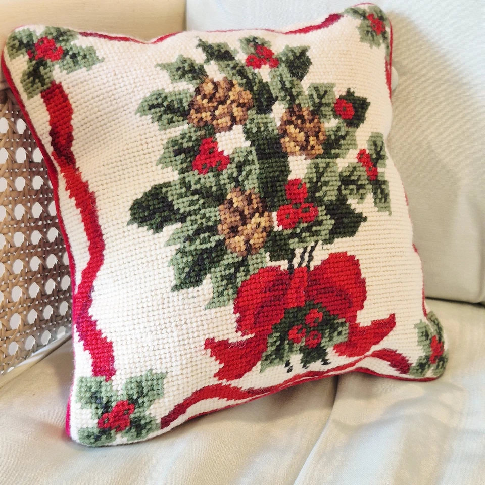 Christmas Linen Decor: Needlepoint Pillow Pine Cones, Holly & Ribbon 9"x9" - Image 4 of 4