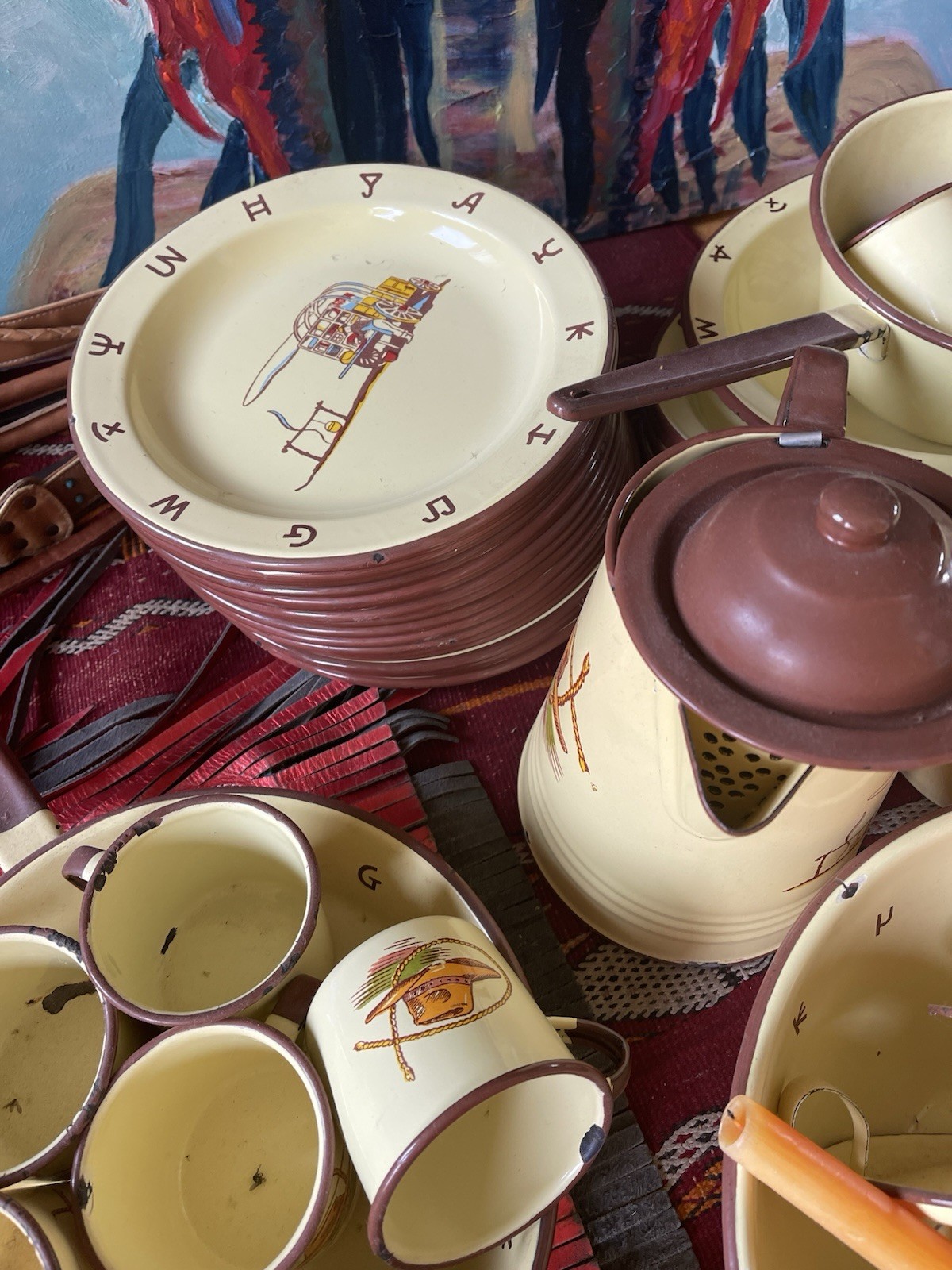 Western Monterey company Vintage Cowboy memorabilia Enamel Dinner Set
