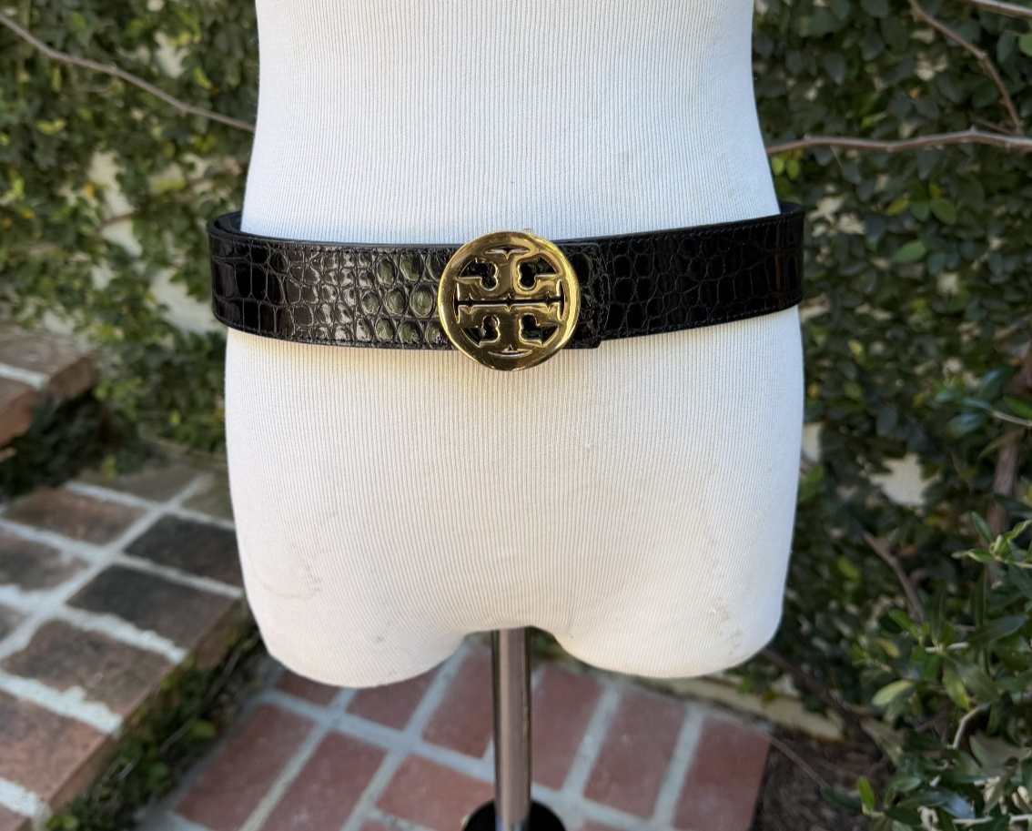 Tory Burch Reversible Black/Brown Leather Belt with Gold Logo Buckle Tory Burch Black Reversible Leather Belt with Gold Logo  main image 3