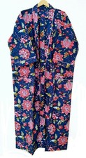 Screen Print Maxi Blue Cotton Boho gown Lingerie GIFT for Her Floral Kimono Robe