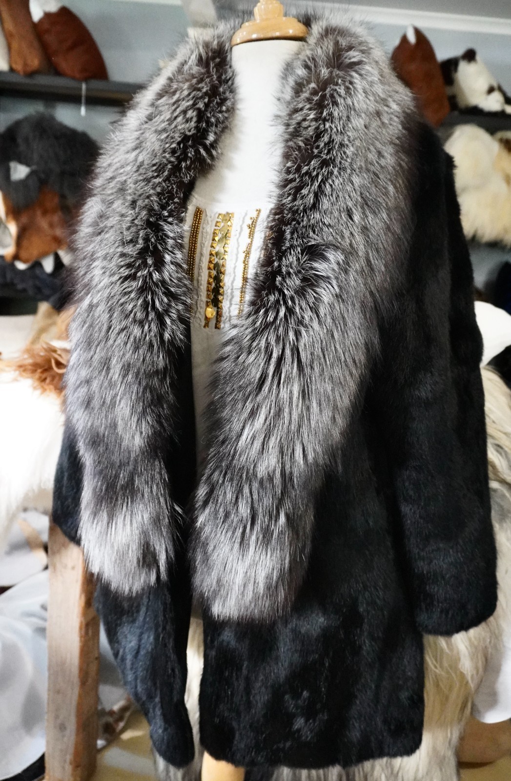 Black Beautiful & Timeless - A  Silver Fox Fur Trimmed Black Rabbit Fur Coat image 6