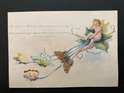 1870er handbemalter Amor Schmetterling Wagen Clara Kincaid an Frances Costall May