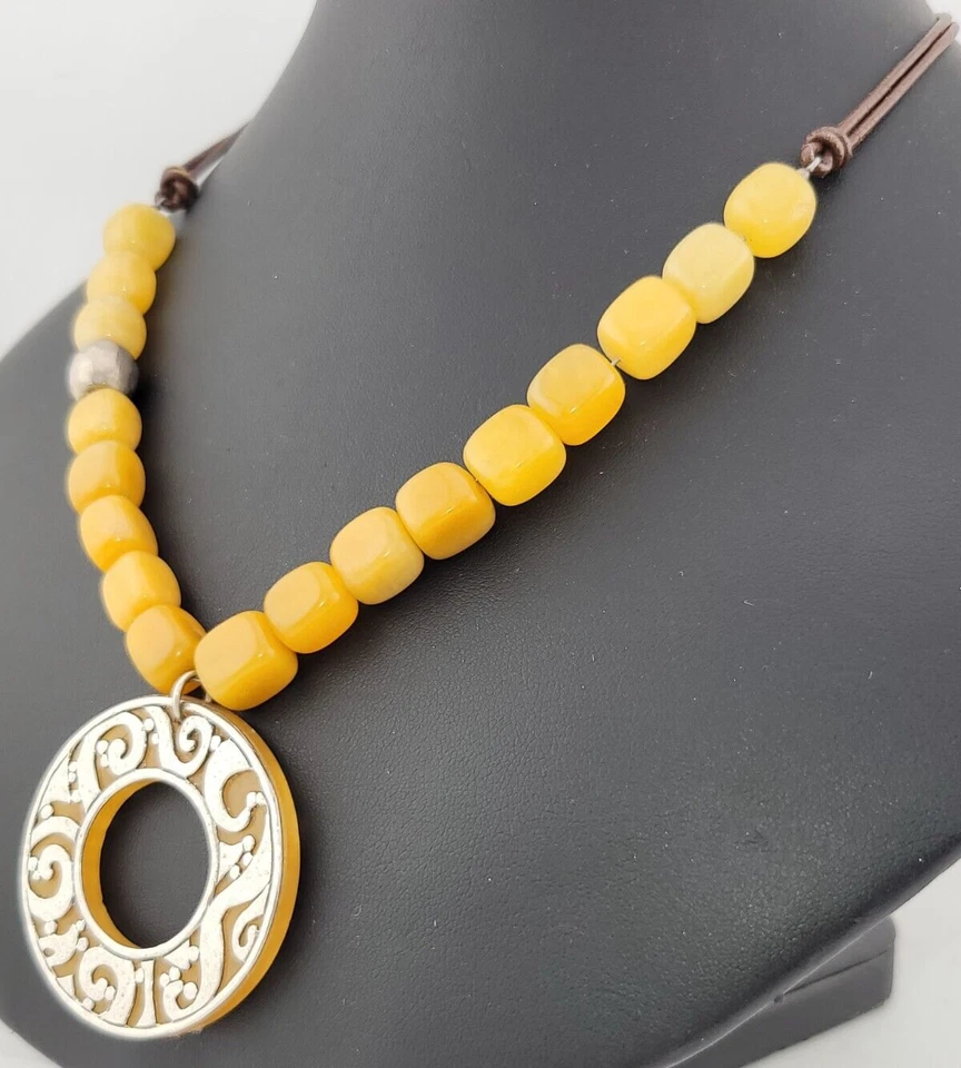 Silpada Yellow Serpentine Jade Sterling Silver Open Work Disc Pendant Necklace - Image 3 of 4