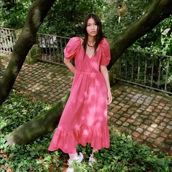 Zara Dark Fuchsia Hot Pink Midi Long Puff Sleeve Dress 3067