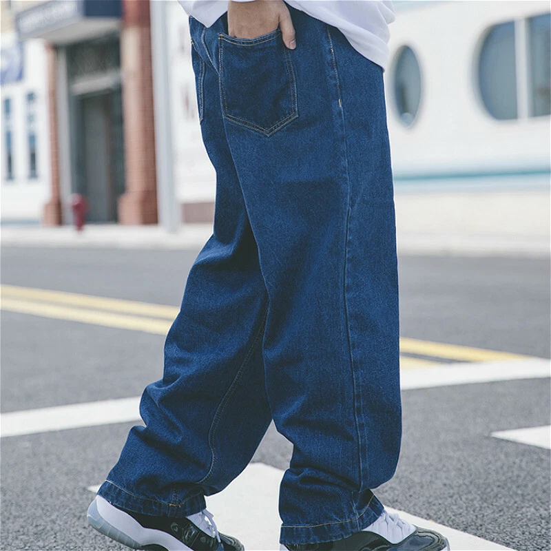 Men Loose Denim Pants Baggy Hip Hop Jeans Drawstring Wide Leg Trousers Blue  Cosy