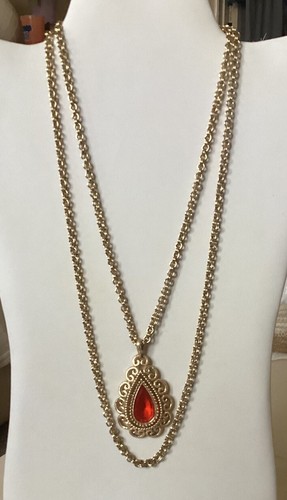 Avon Etruscan Orange Gripoix 2 Strand Gold Tone Pendant Necklace Gothic Vintage - Picture 2 of 13