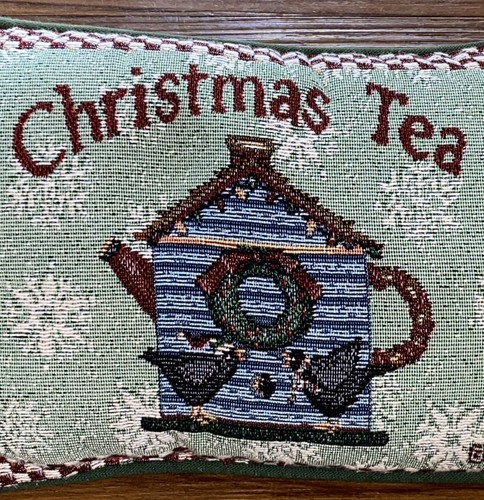 Christmas "Christmas Tea" Tapestry Pillow by Debbie Mumm Bird House Tea Pot Rare - Picture 3 of 6