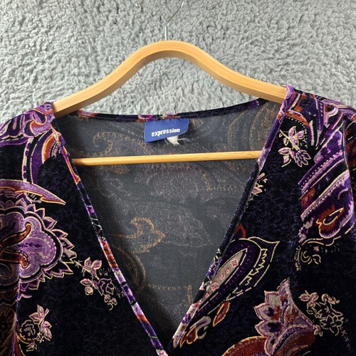 Vintage Expression Womens Top Plus Size 18 Purple Paisley Stretch Velvet V-Neck - Picture 4 of 13