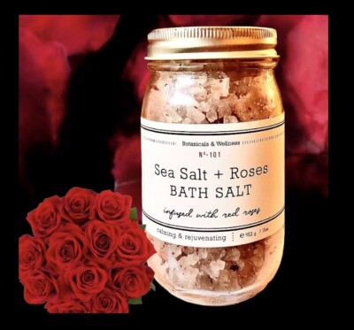 Roses & Sea Salt Bath Salt Aromatherapy Infused w Red Roses,JUMBO 453g Glass Jar