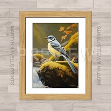 Grey Wagtail print. by L Martyn. A4 Textured canvas paper. Framed or Unframed.