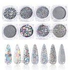 8 Holographic Nail Art Silver Sequins Glitter Set Fine Powder Round Stars 4258S