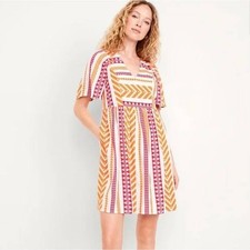 Old Navy Aztec Babydoll Dress Womens M Pink Orange V-Neck Boho Summer Mini