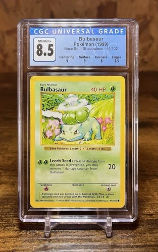 Pokémon 1999 Base Set Shadowless Bulbasaur 44/102 CGC 8.5 NM/ Mint+