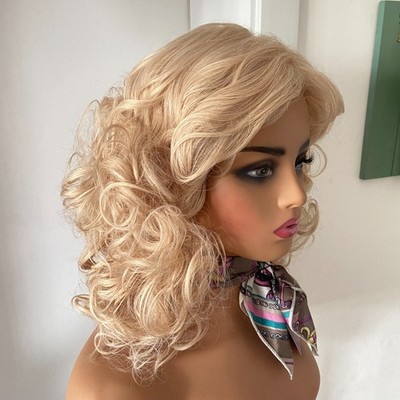 Dollys Partons Fluffy Curly Honey Blonde Mix Synthetic Hair Wigs Women Soft