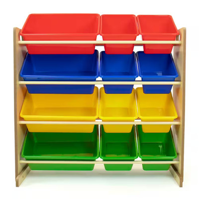 Primary Natural Toy Storage Organizer with 12 Plastic Bins