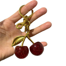 NEW Red Cherry Apple Bag Charm Keychain Resin Metal Brass Purse Decoration US