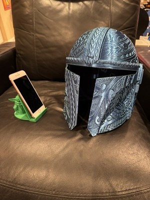 Mando Full Size Helmet W/Tribal Markings and Grogu phone stand w/Free Shipping