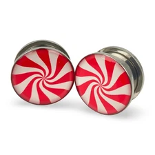 Pair of Screw on Peppermint Picture Plugs gauges 16g thru 1 inch