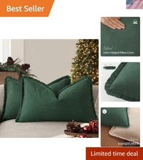 Set of 2 Decorative Linen Fringe Lumbar Throw Pillow Covers Boho Farmhouse Cu...