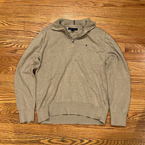 Tommy Hilfiger Beige Mock Neck 1/4 Zip Pullover Sweater Logo Men's Size M
