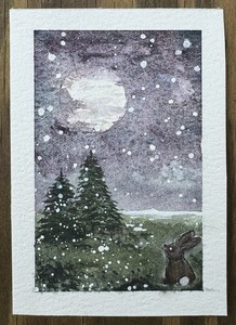 ACEO Original Painting Moonrise Landscape Bunny Mixed Media Painting Watercolor