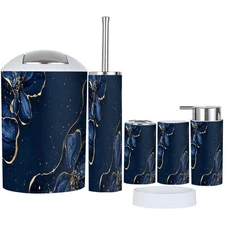 Bathroom Accessory Set 6 Piece Navy Blue Liquid Marble Watercolor Gold Lines ...
