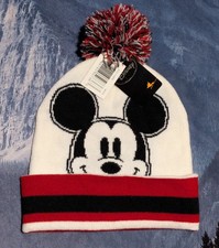 Disney Mickey Mouse Knit Pom Beanie Hat White Red Black NWT Winter Cap