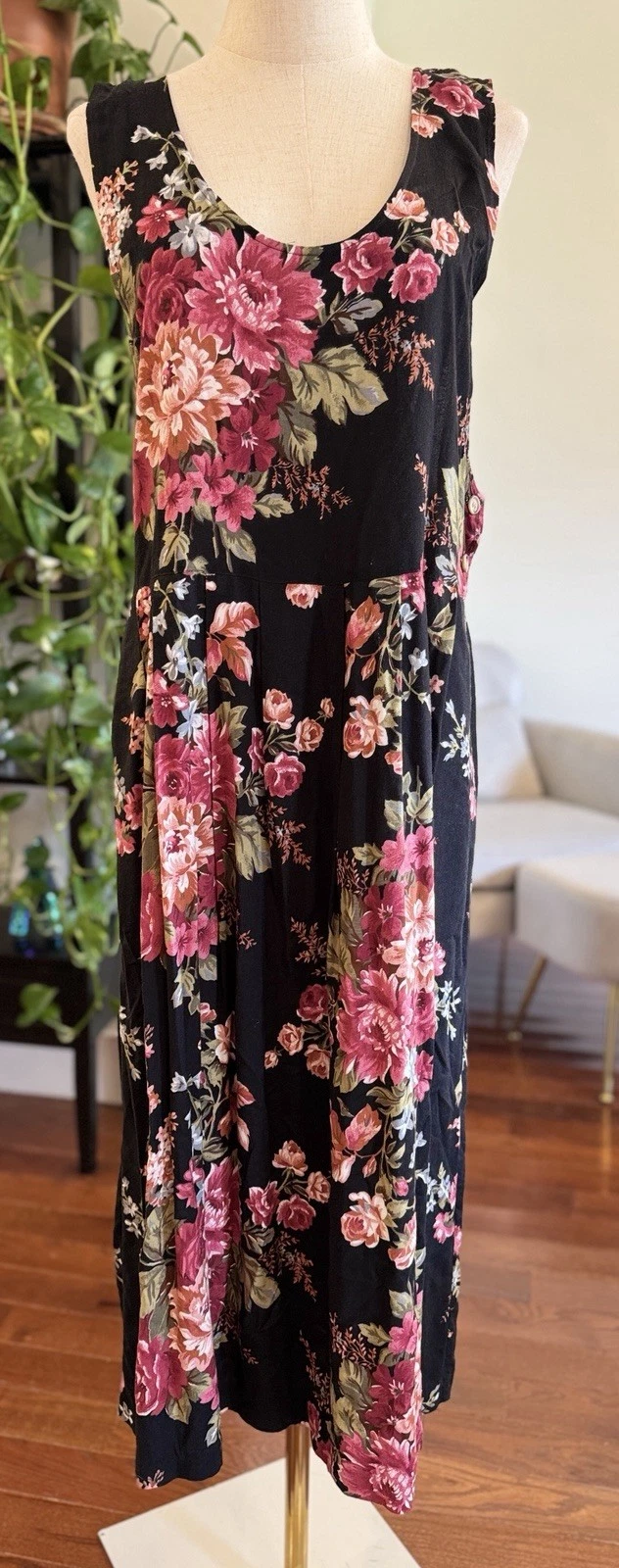 Sz 6 Vintage BRYN Connelly Dress Jumper Maxi Tank Overalls Floral Roses Cottage