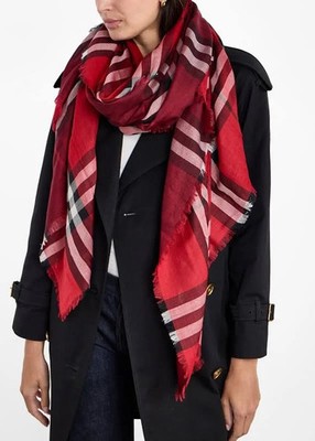 New, Burberry Wool-Silk Reversible Check Scarf in Red One Size #S7529