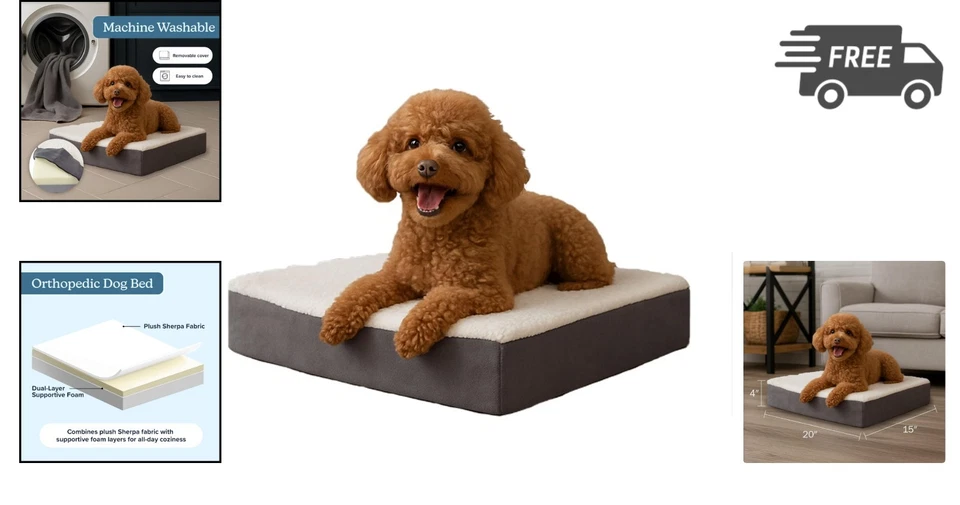 Acogedora cama ortopédica para perros - Estera de espuma viscoelástica 20x15 con tapa Sherpa extraíble Foto 2 de 4