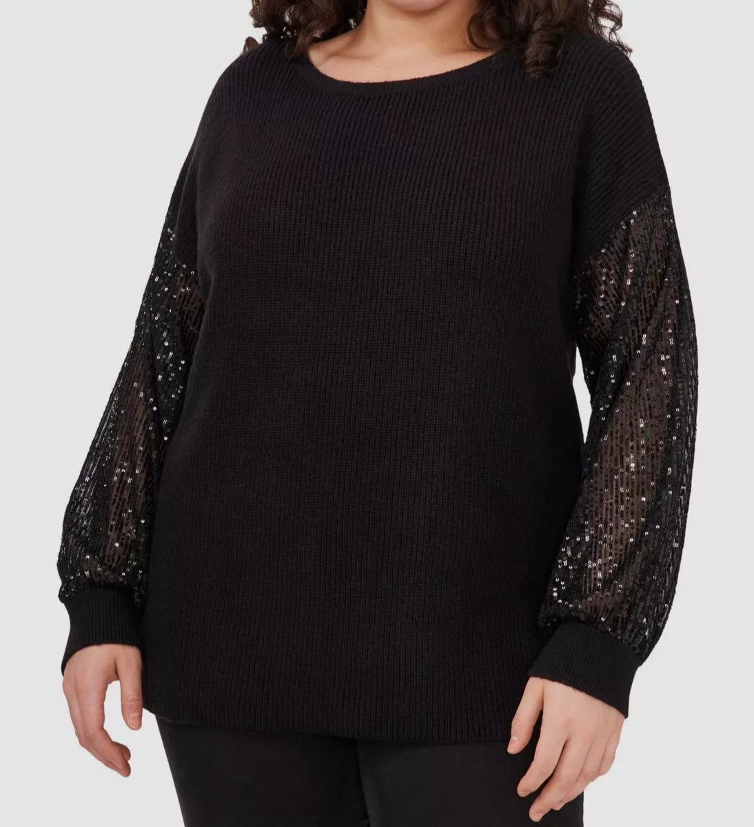 109 Vince Camuto Women Black Long Sequin Sleeve Round Neck