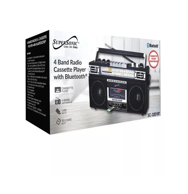 Radio Bluetooth Supersonic SC-3201BT 4 Bandas, USB y Reproductor de Cassette Boom Box Foto 2 de 3