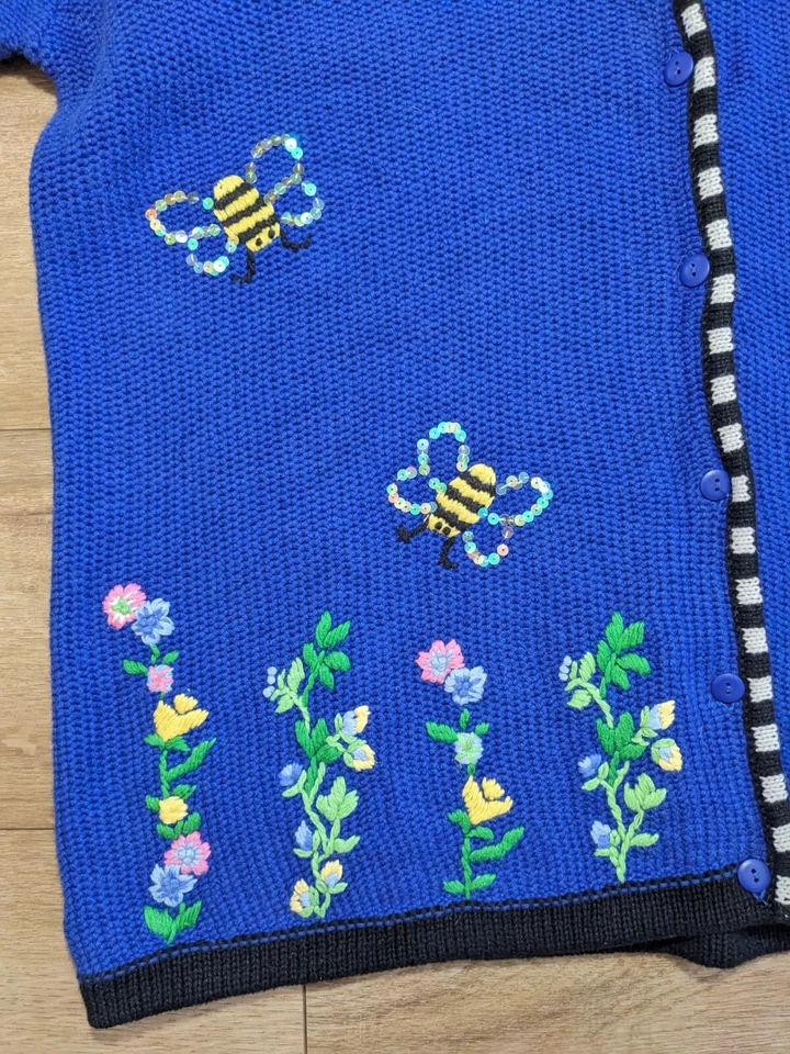 Vintage Quacker Factory Blue Floral Bumble Bee Button Up Cardigan Sweater Sz 1X - Image 3 of 4