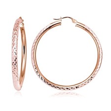 Rose Gold over Sterling Silver 3mm Diamond Cut Round Hoop Earrings, 40mm