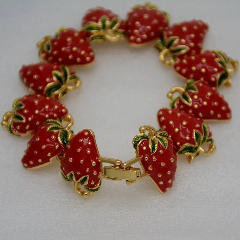 Lindo brazalete tenis fresa chapado en oro de 7" esmalte a presión rojo verde nuevo con etiquetas Foto 2 de 4