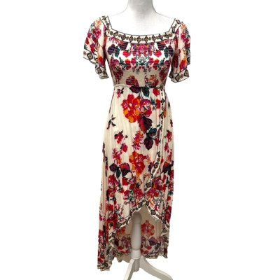 Lulus Danica Smocked Midi Dress Womens Small Flowy Faux Wrap Romantic Party
