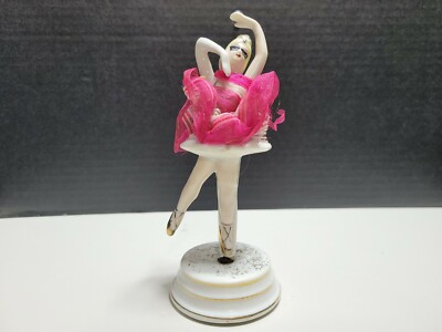Hand Painted Japan Spinning Porcelain Lace pink Tule Ballerina 1940s gold VTG