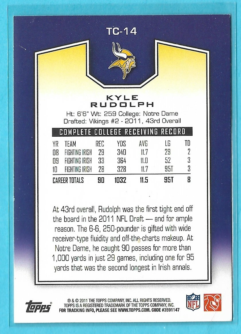 Kyle Rudolph Rookie Card 2011 Topps - Target Bowman Rookie Inserts Kyle Rudolph #TC-14 Red (RC ...