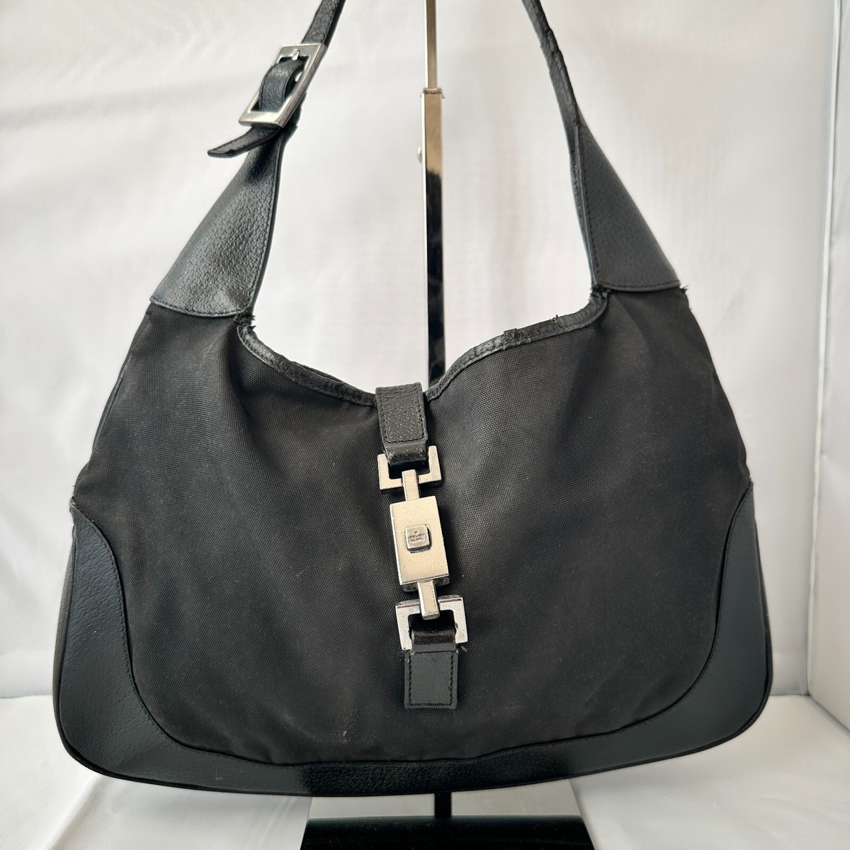 Gucci Jackie Shoulder Bag Black Silver Nylon Leather