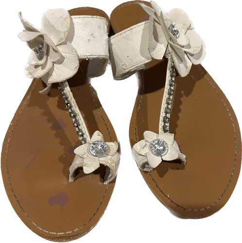 VTG BAMBOO WHITE FLOWER RHINESTONE SANDAL FLIP FLOP THONG BEACH POOL SWIM SUMMER - Picture 2 of 4