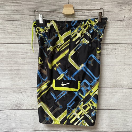 Nike Mens Swim Trunks Size Small S Black Neon Blue Green Mesh Lined - Picture 3 of 6