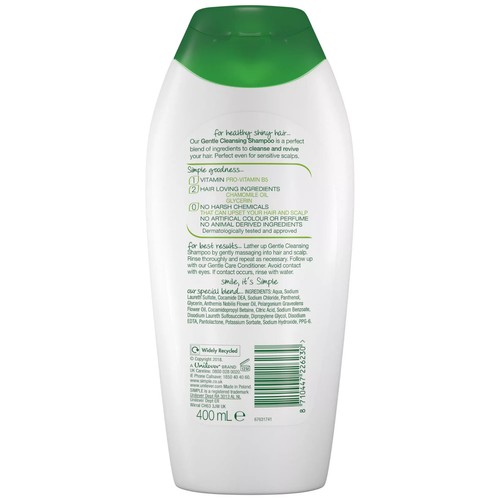 6 x Simple Gentle Cleansing Shampoo 400ml | No Perfume | Sensitive Scalp | - Picture 2 of 2